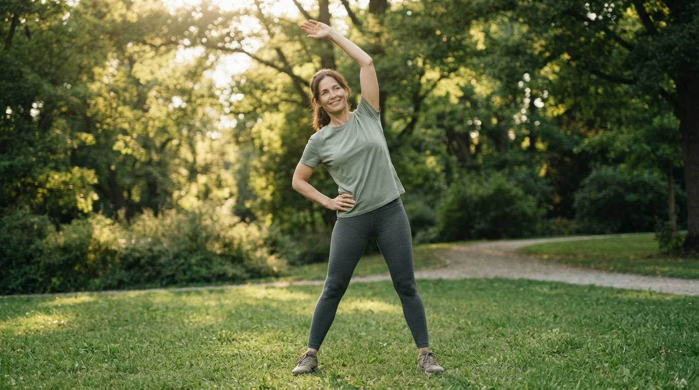 Balance template with a woman stretching outdoors