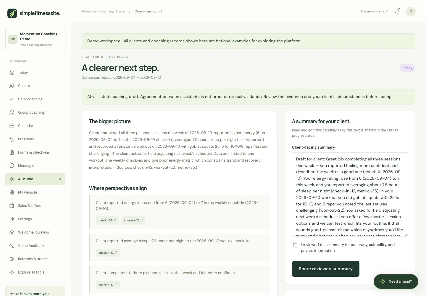Real SimpleFitnessSite product screen: AI support, with you in charge