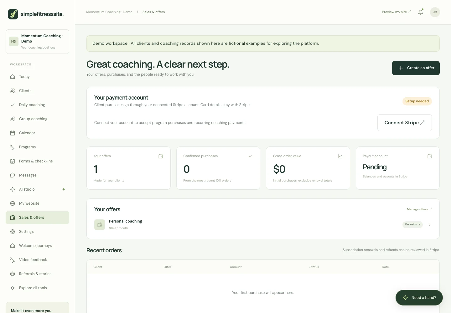 Real SimpleFitnessSite product screen: Room to run and grow your business