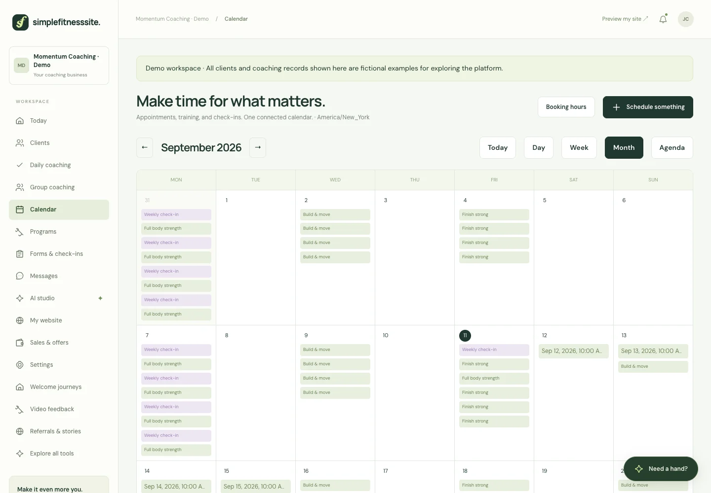 Real SimpleFitnessSite product screen: Appointments and video, together