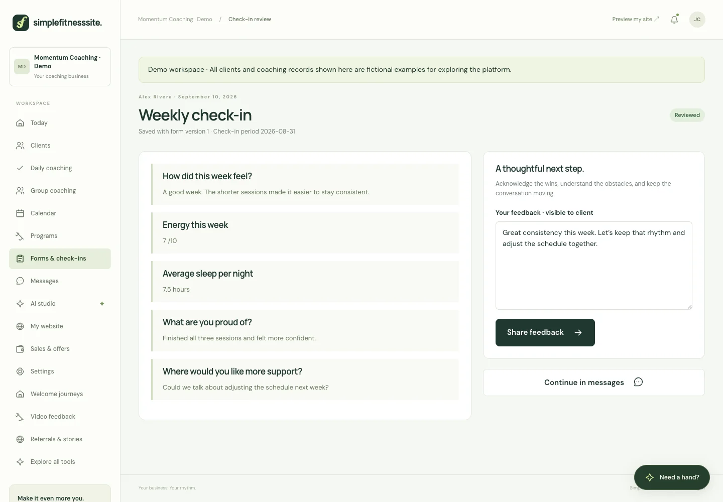 Real SimpleFitnessSite product screen: Check-ins that ask the right questions