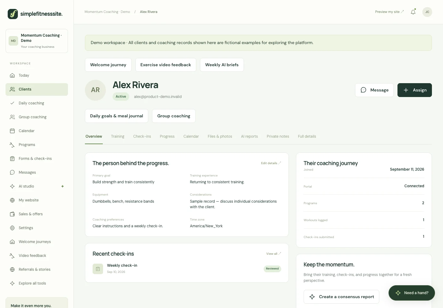 Real SimpleFitnessSite product screen: The complete client picture