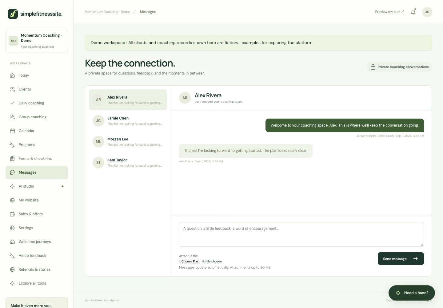 Real SimpleFitnessSite product screen: Real conversations and useful feedback