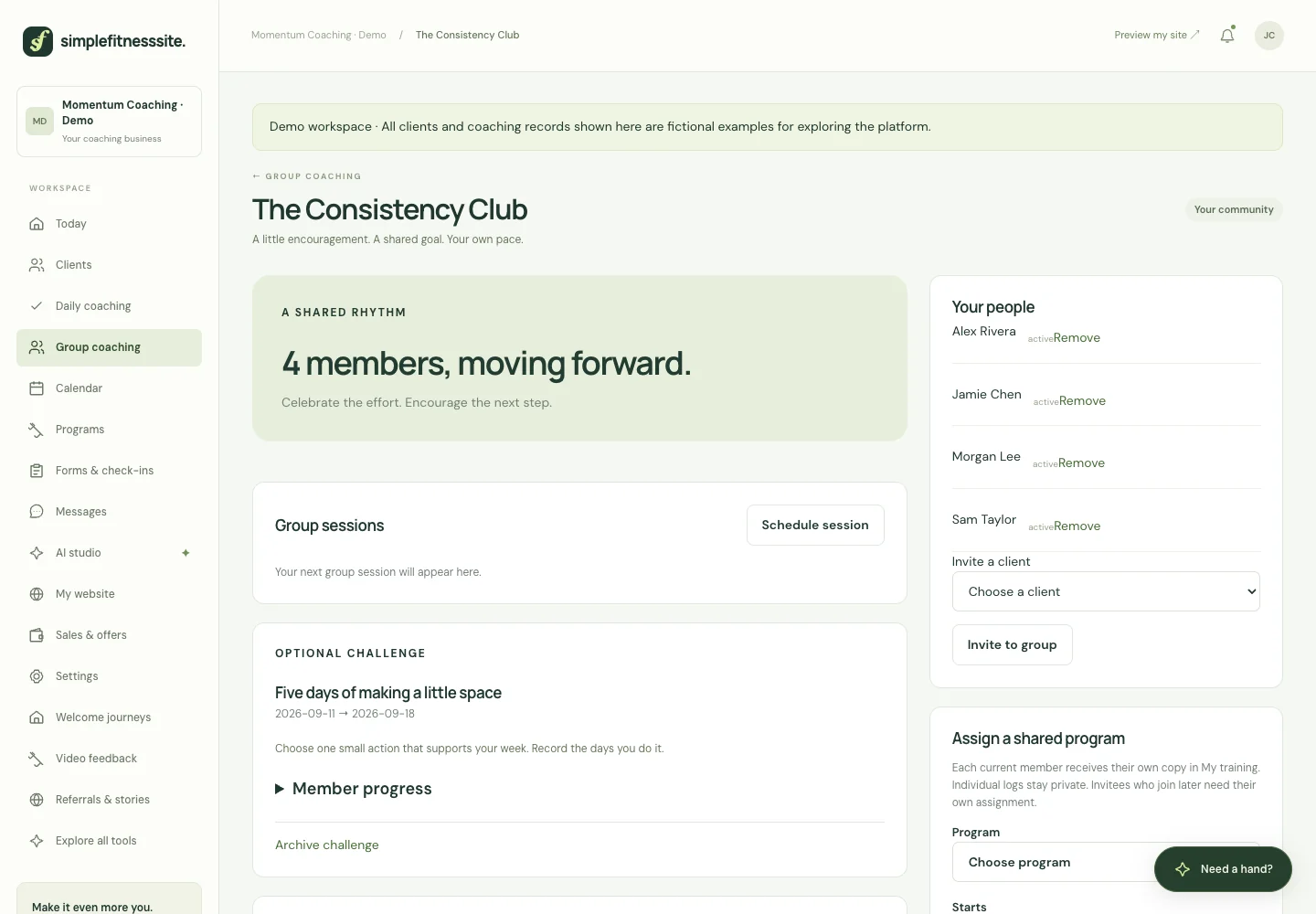Real SimpleFitnessSite product screen: A community your clients choose to join