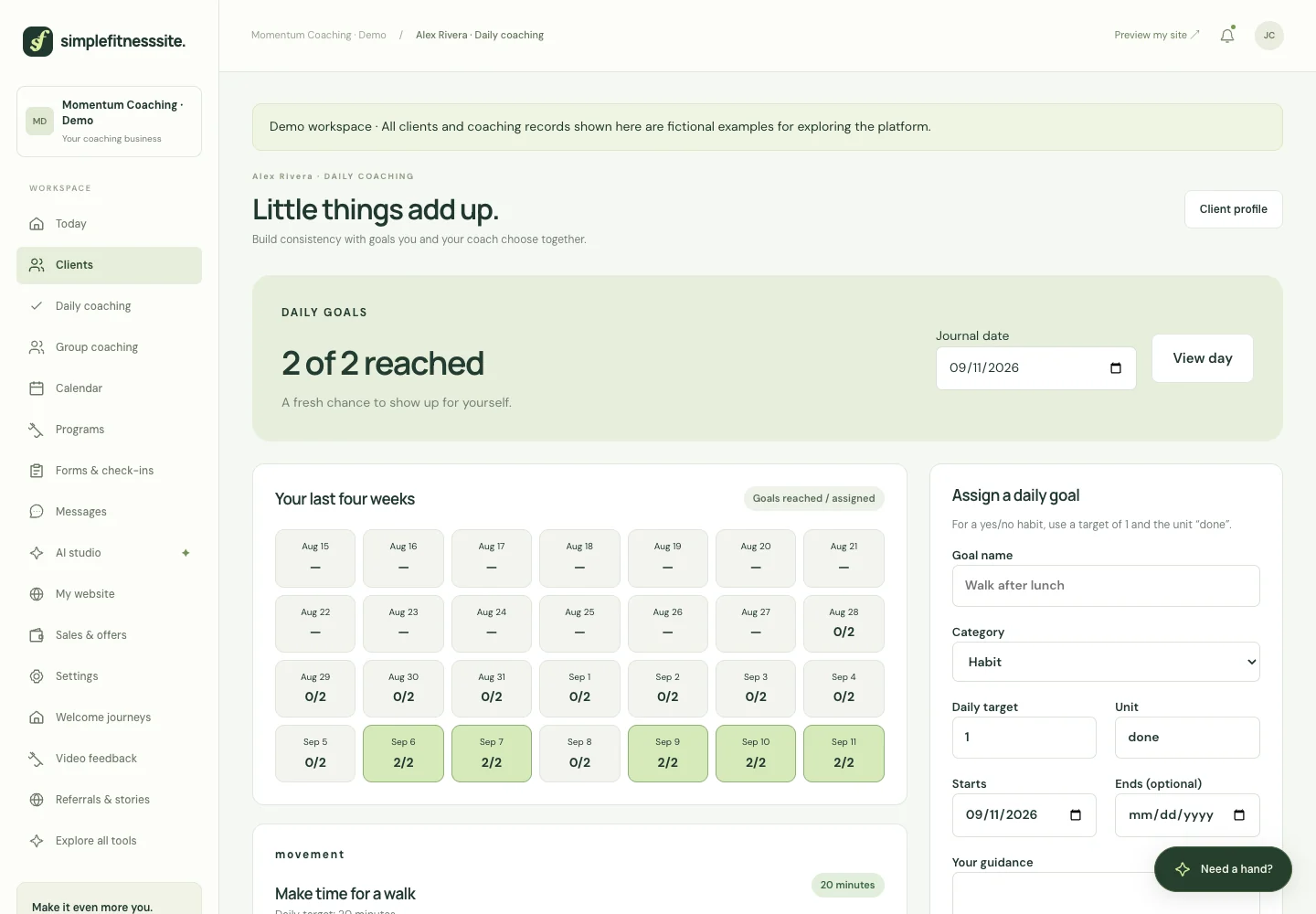 Real SimpleFitnessSite product screen: Support between training sessions