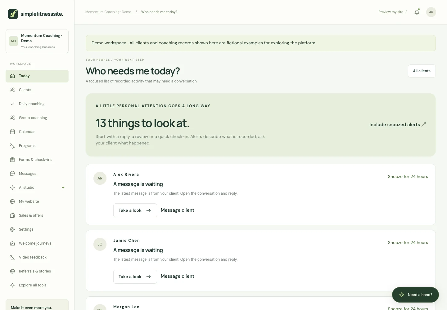 The coaching dashboard listing which fictional clients need attention today