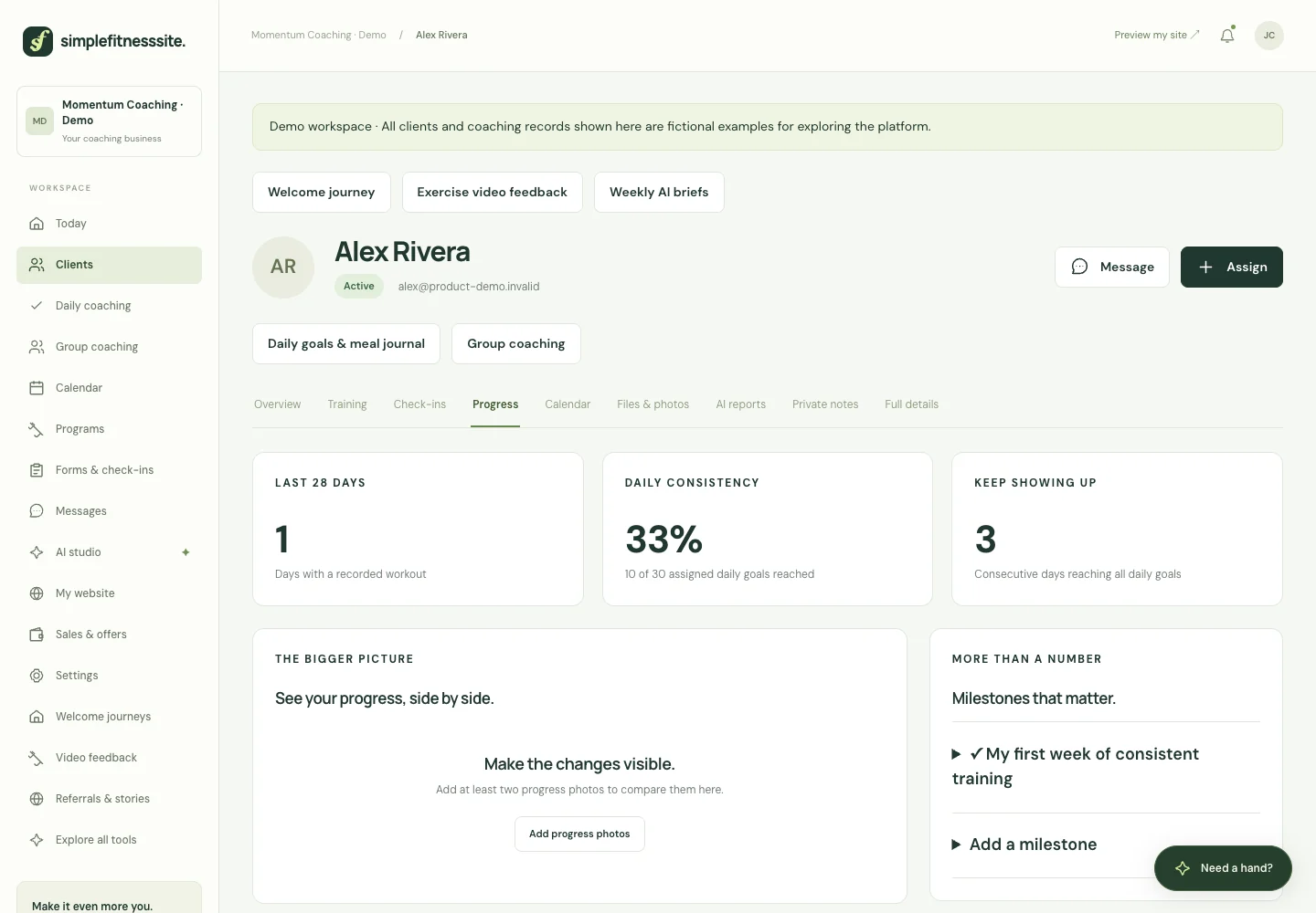Real SimpleFitnessSite product screen: Progress people can see