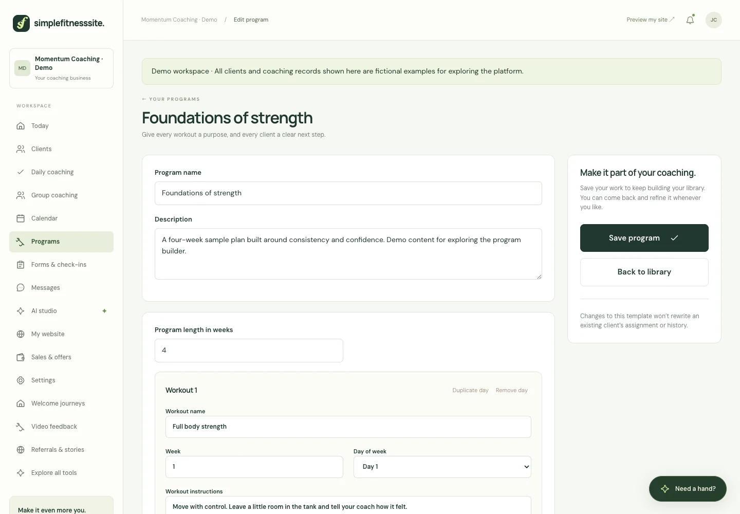 Real SimpleFitnessSite product screen: Programs built around your coaching