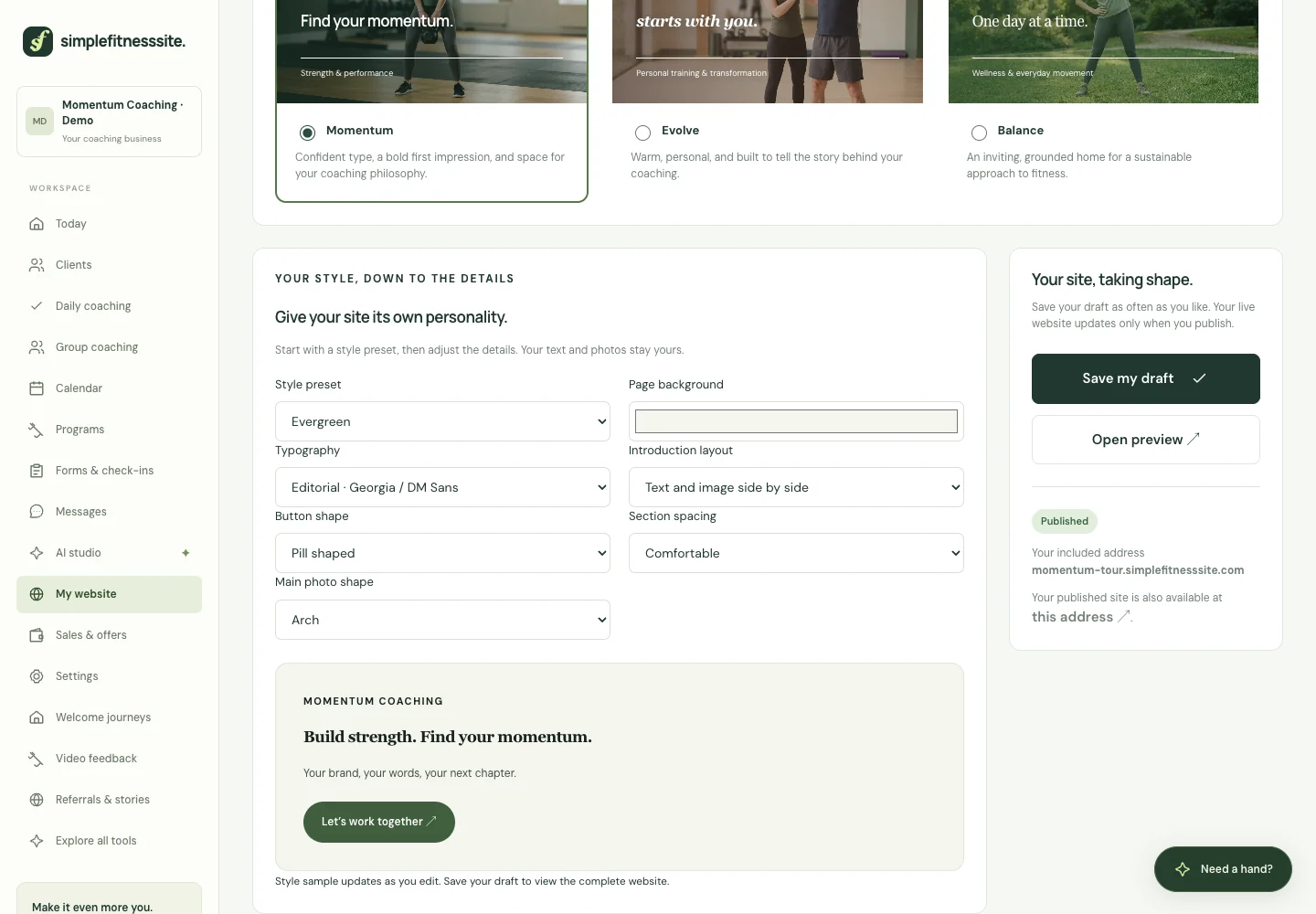 Real SimpleFitnessSite product screen: Your own coaching website