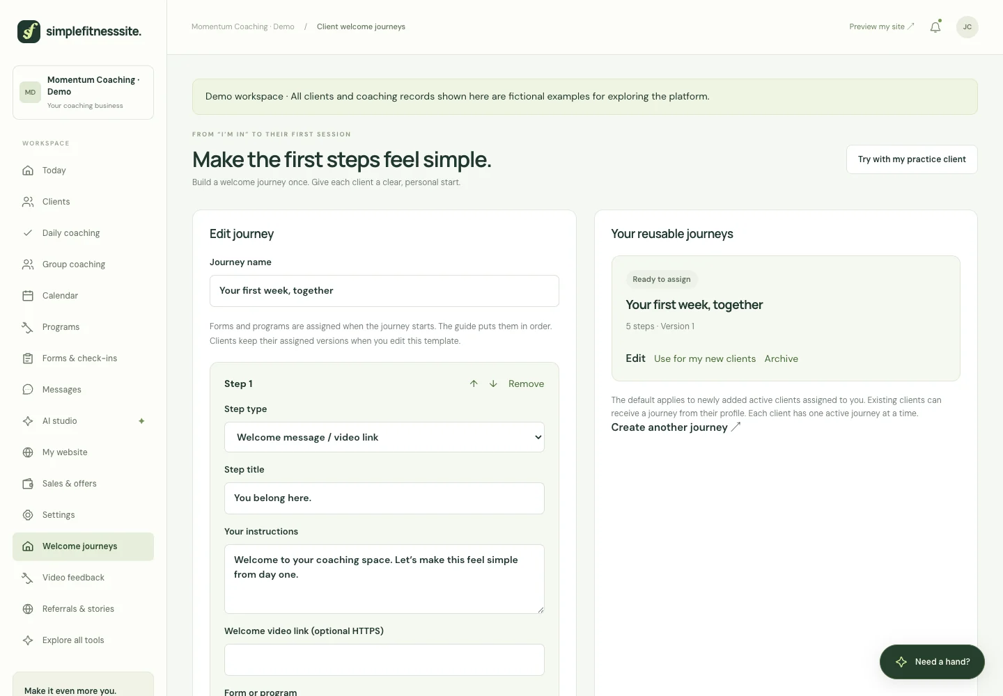 Real SimpleFitnessSite product screen: A confident start for every client